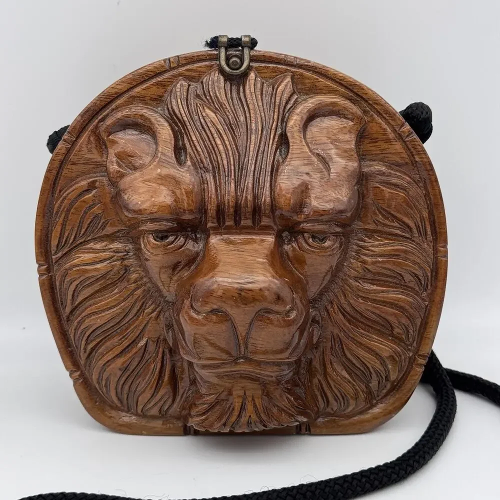 Timmy Woods Lion Crossbody Bag Carved Wood Beverly Hills Limited Edition Art